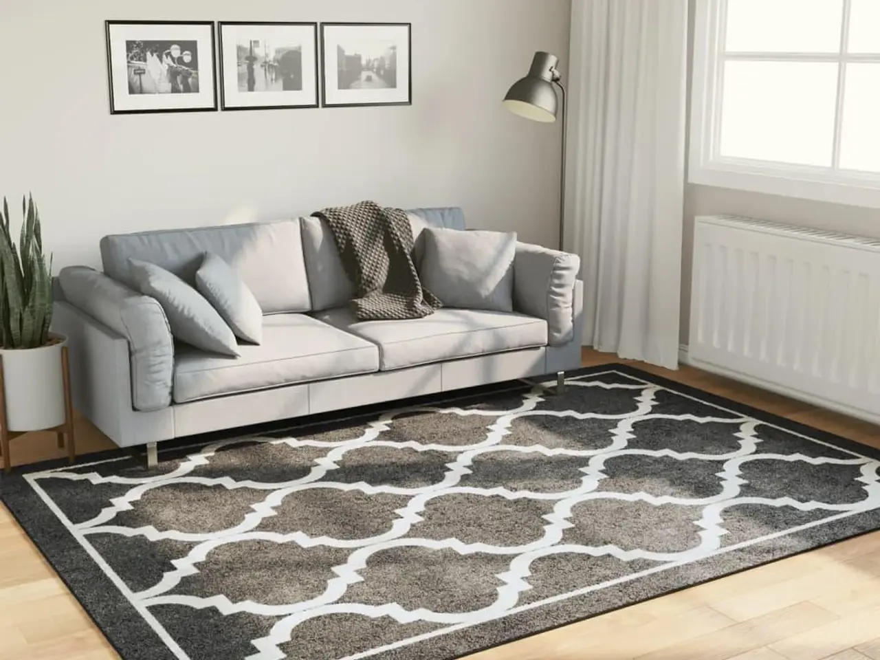 Billede 1 - Gulvtæppe 160×230 cm - vaskbart, sort og hvidt geometrisk mønster