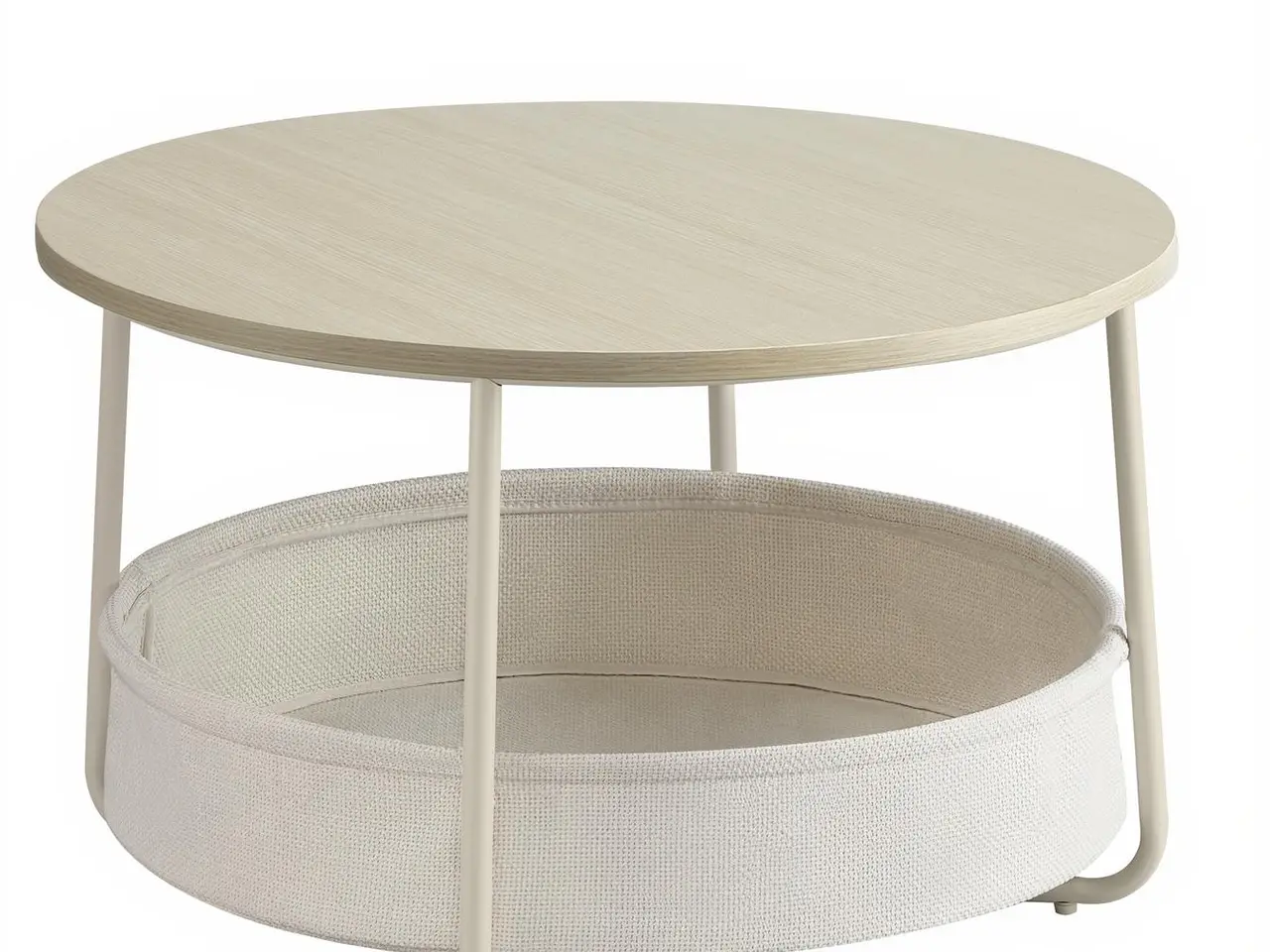 Billede 1 - Rundt sofabord med opbevaringskurv - moderne stuebord i naturbeige/cremehvid, metalstel, Ø75 × H45 cm