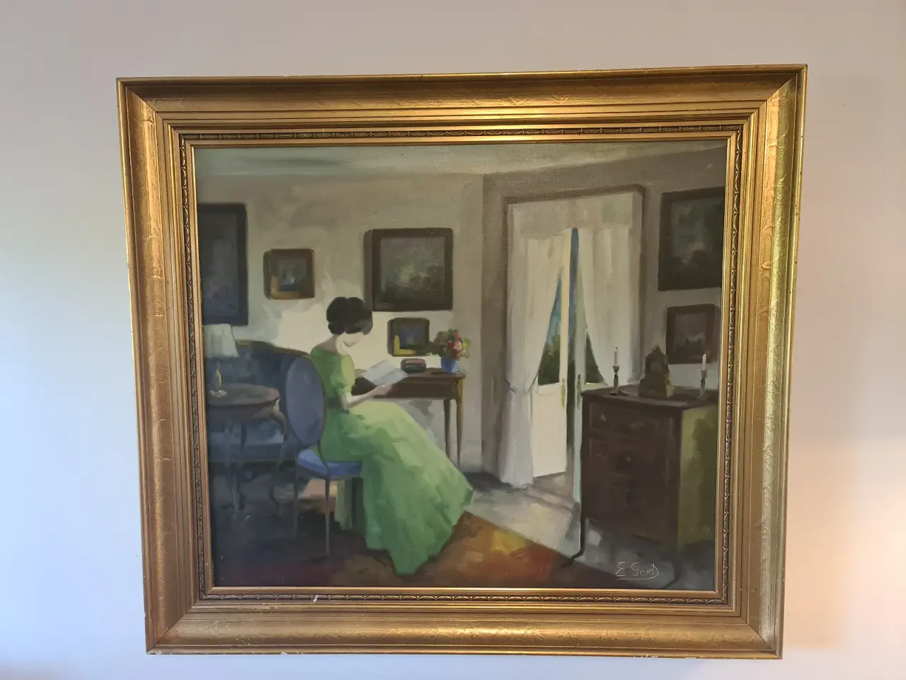 Billede 1 - Edith Gert – stort oliemaleri med læsende kvinde