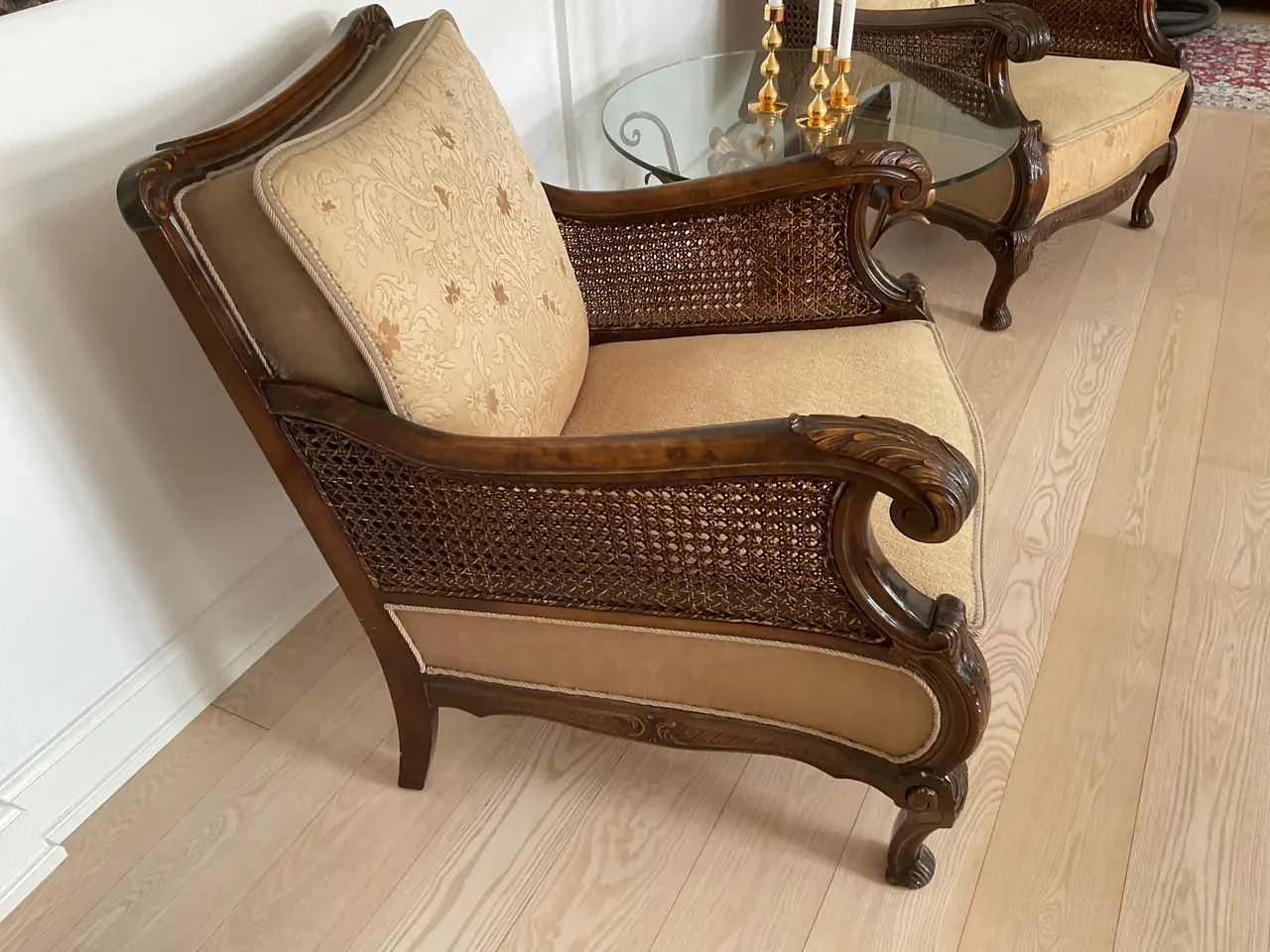 Billede 2 - Antik, fransk rørflet - sofa med 2 stole