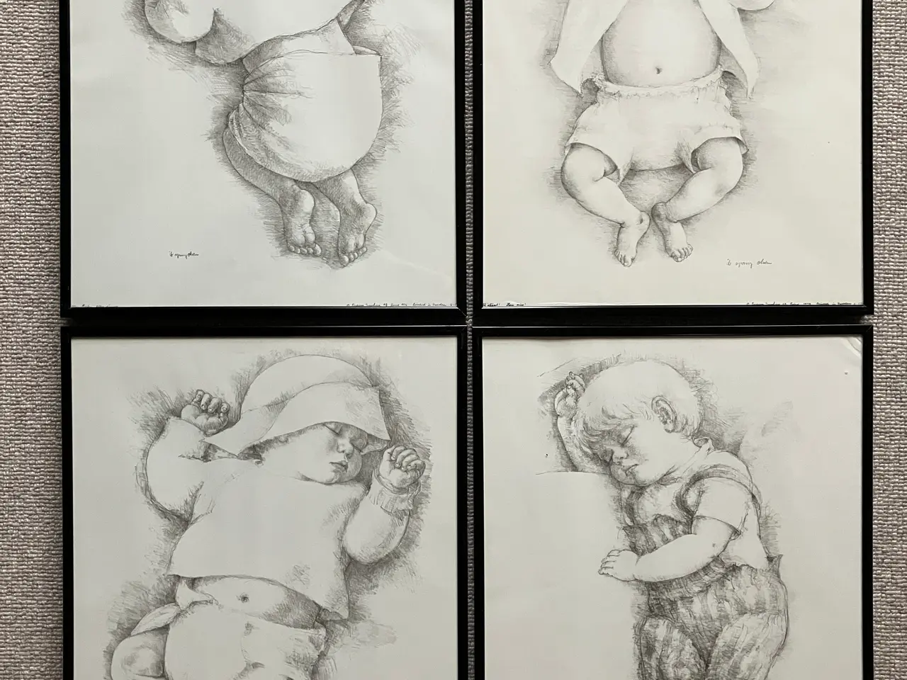 Billede 1 - 4  fine blyantstegninger af sovende børn 