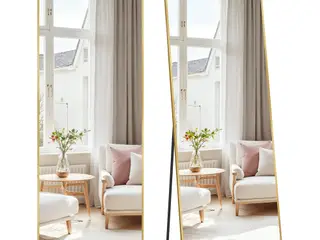 Fuldfigurs gulvspejl 160 × 50 cm - rektangulært spejl med stander, hærdet glas, aluminiumsramme - lys guld
