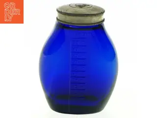Gammel Blå glasflaske med måleenheder (str. H. 9 cm. b. 7 cm)