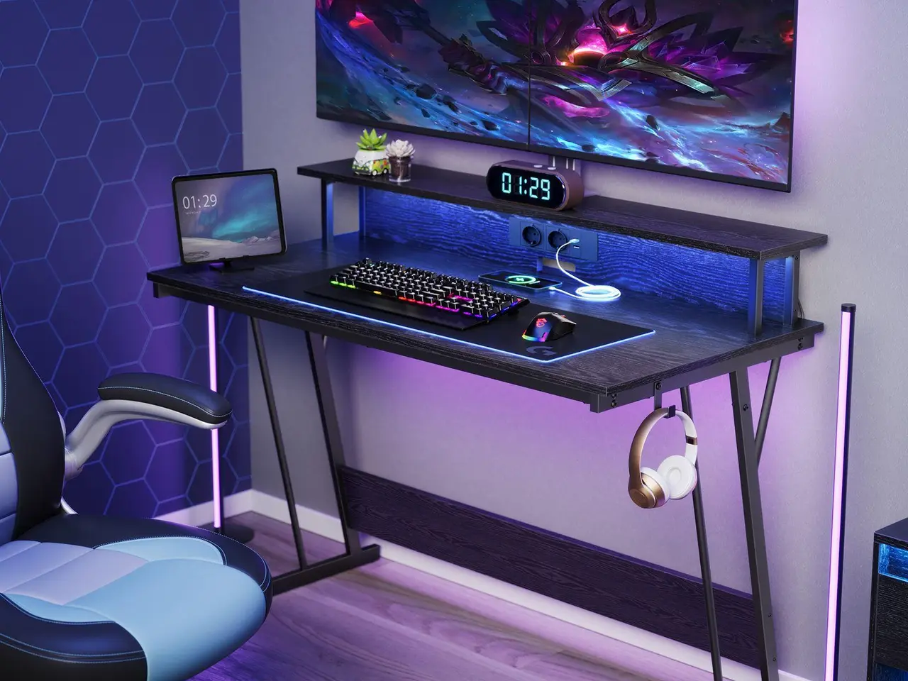 Billede 2 - Skrivebord til gaming med LED og strømudtag, 120 × 60 cm, klassisk sort