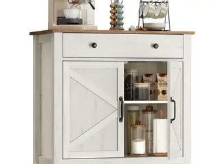 Opbevaringsskab med skuffe sideboard i farmhouse-stil, justerbar hylde, rustik hvid/honningbrun