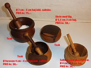 SMÅ DREJEDE SALTKAR i teak / fyr