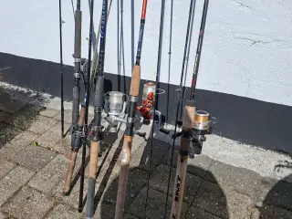 5 fiskestænger og div. pilke og andet tilbehør