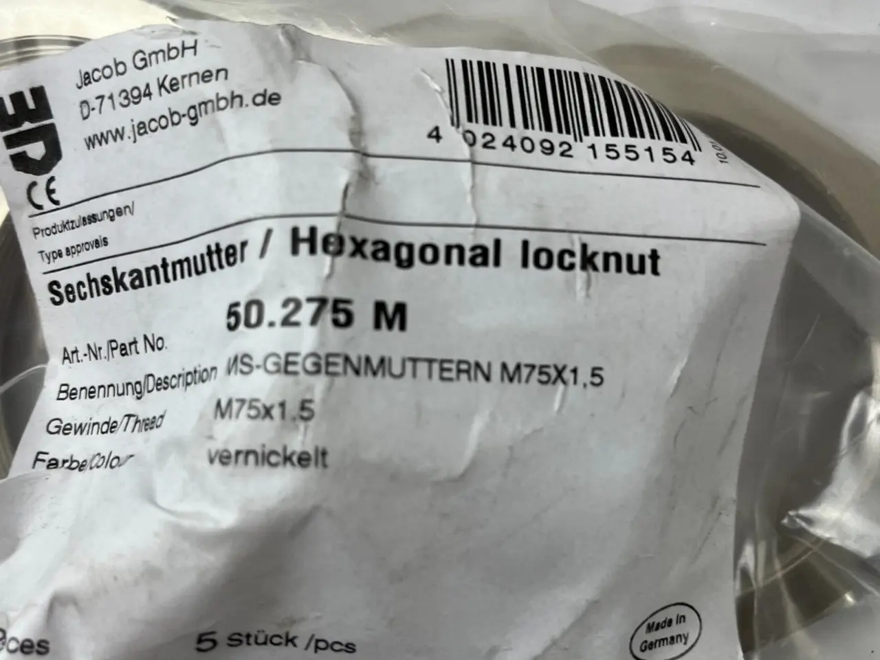 Billede 4 - Jacob 50.275 M Hexagonal Locknut M75x1.5 Nickel