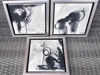 3 FLOTTE MALERIER I SØLV SVÆVERAMMER, 24X24 CM