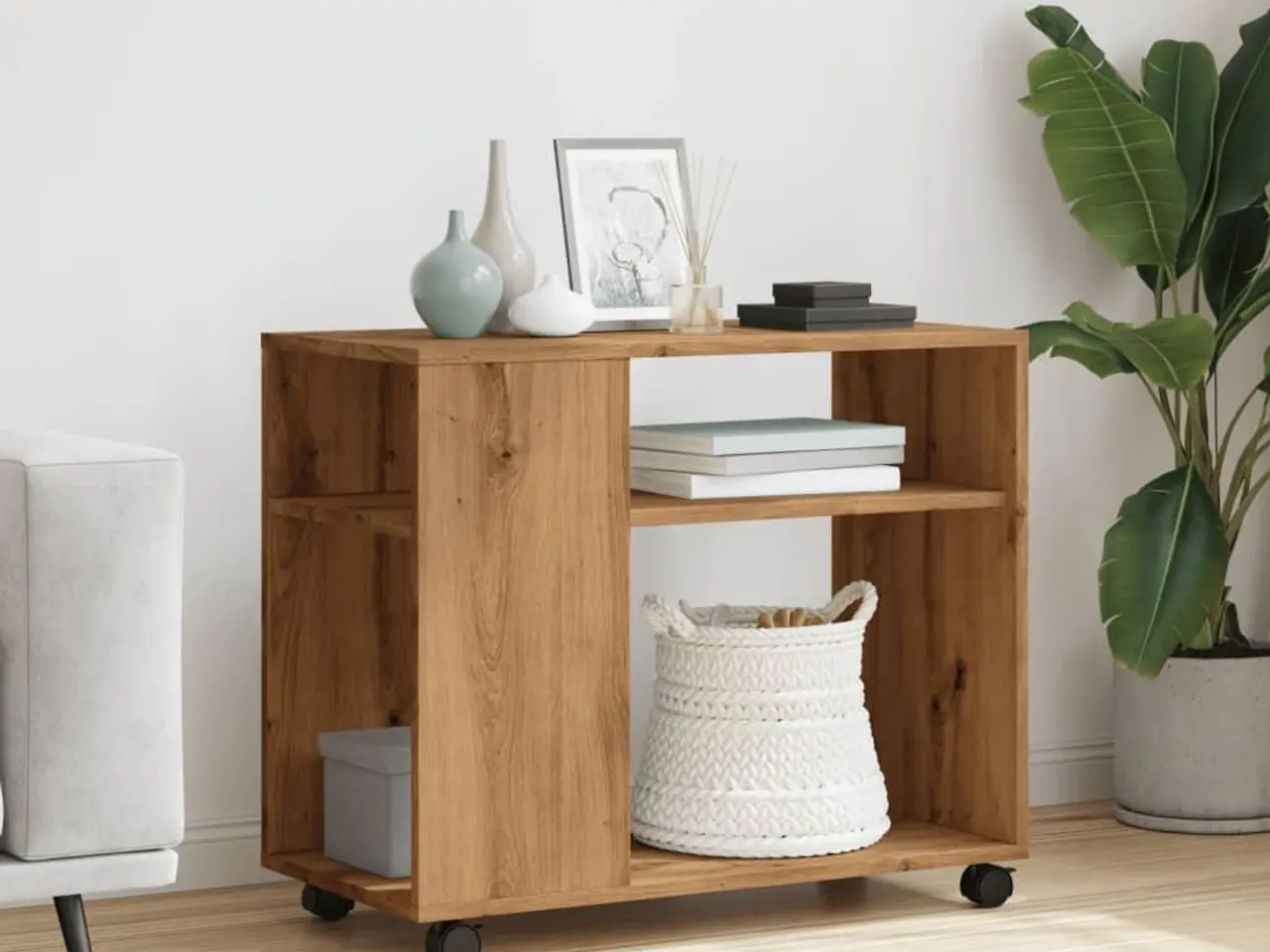 Billede 3 - Sidebord med hjul - 70×35×60 cm i egetræsfarve, konstrueret træ