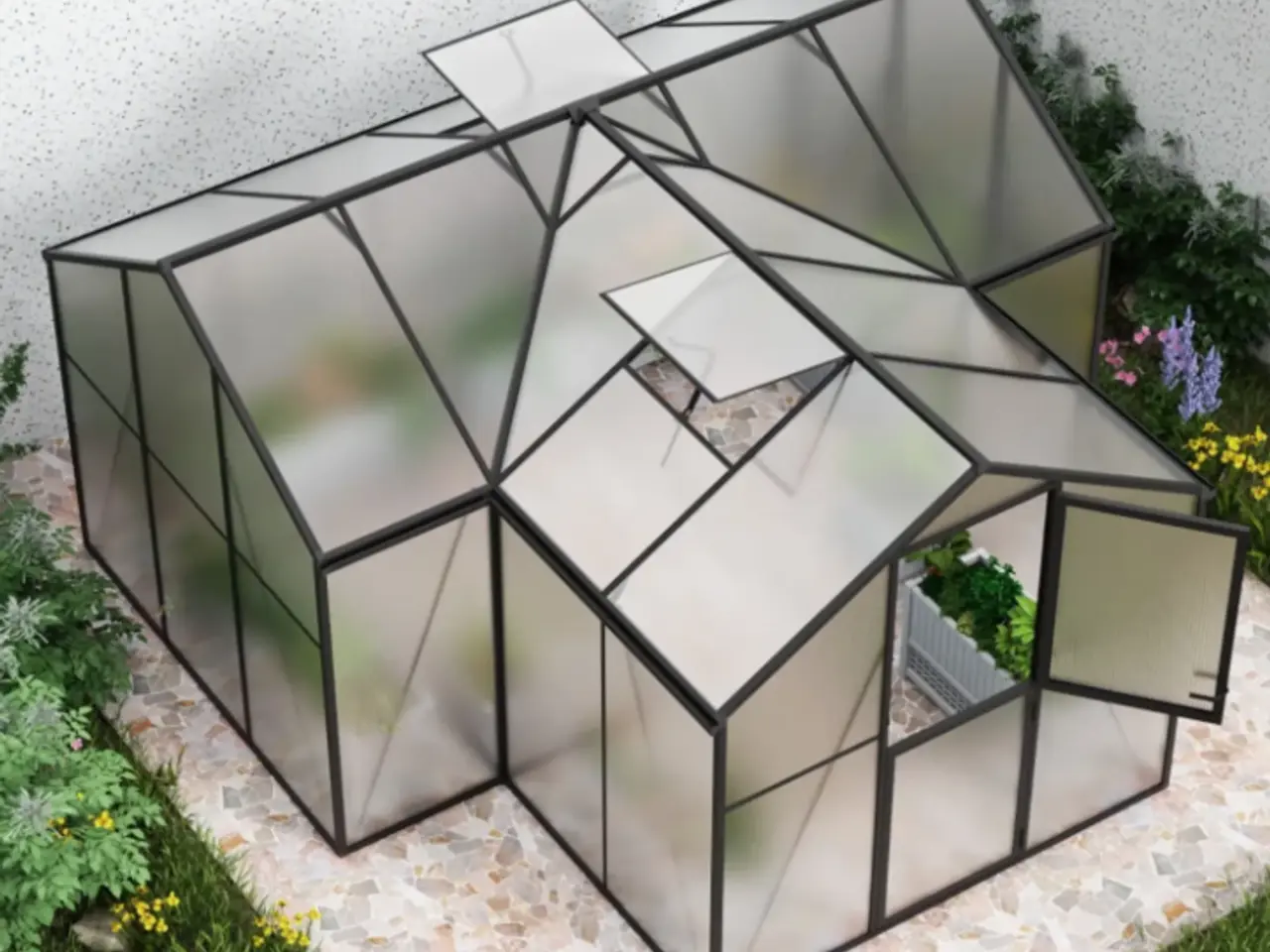 Billede 2 - Drivhus T-formet Premium Sort - Polycarbonat 14,6m2
