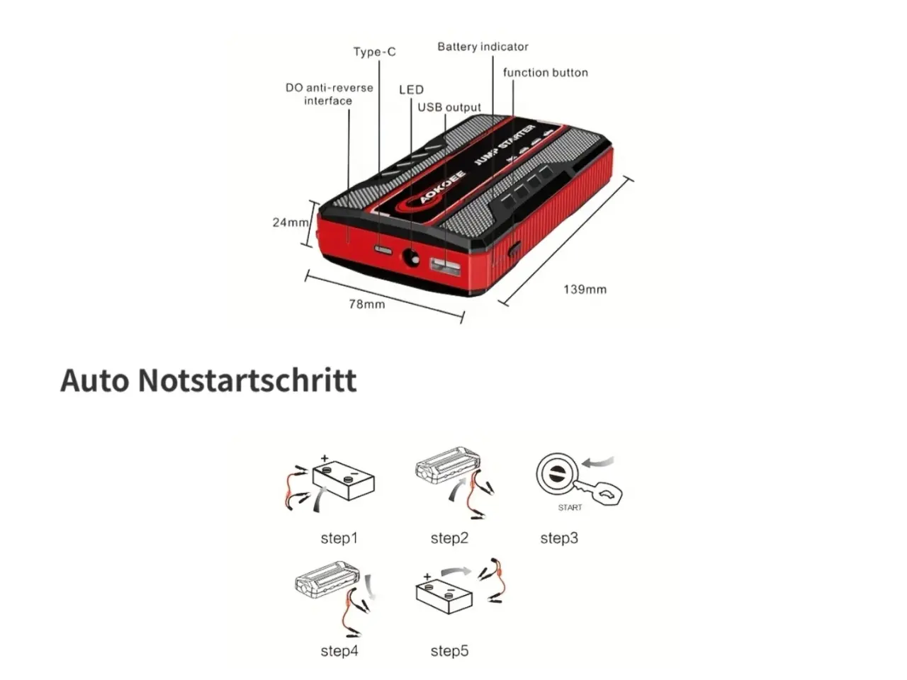 Billede 5 - AOKOEE Jump Starter 1500A Peak Bærbar Bil Jump Sta