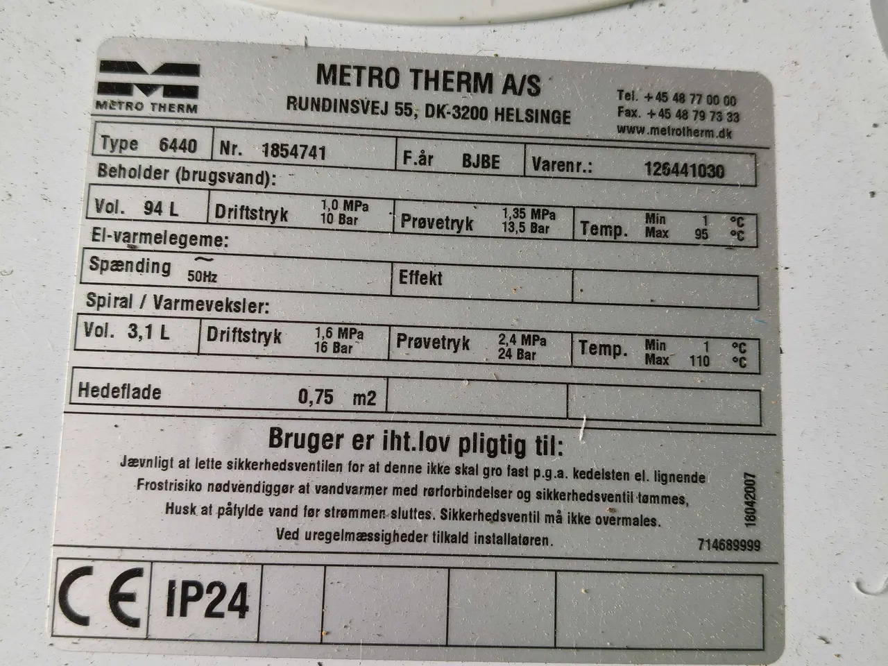 Billede 2 - Varmtvandsbeholder 94liter, metro therm