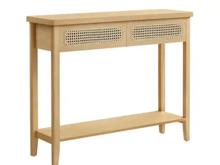 Konsolbord med 2 skuffer og hylde - boho stil, egetræsbeige (100 × 30 × 80 cm)