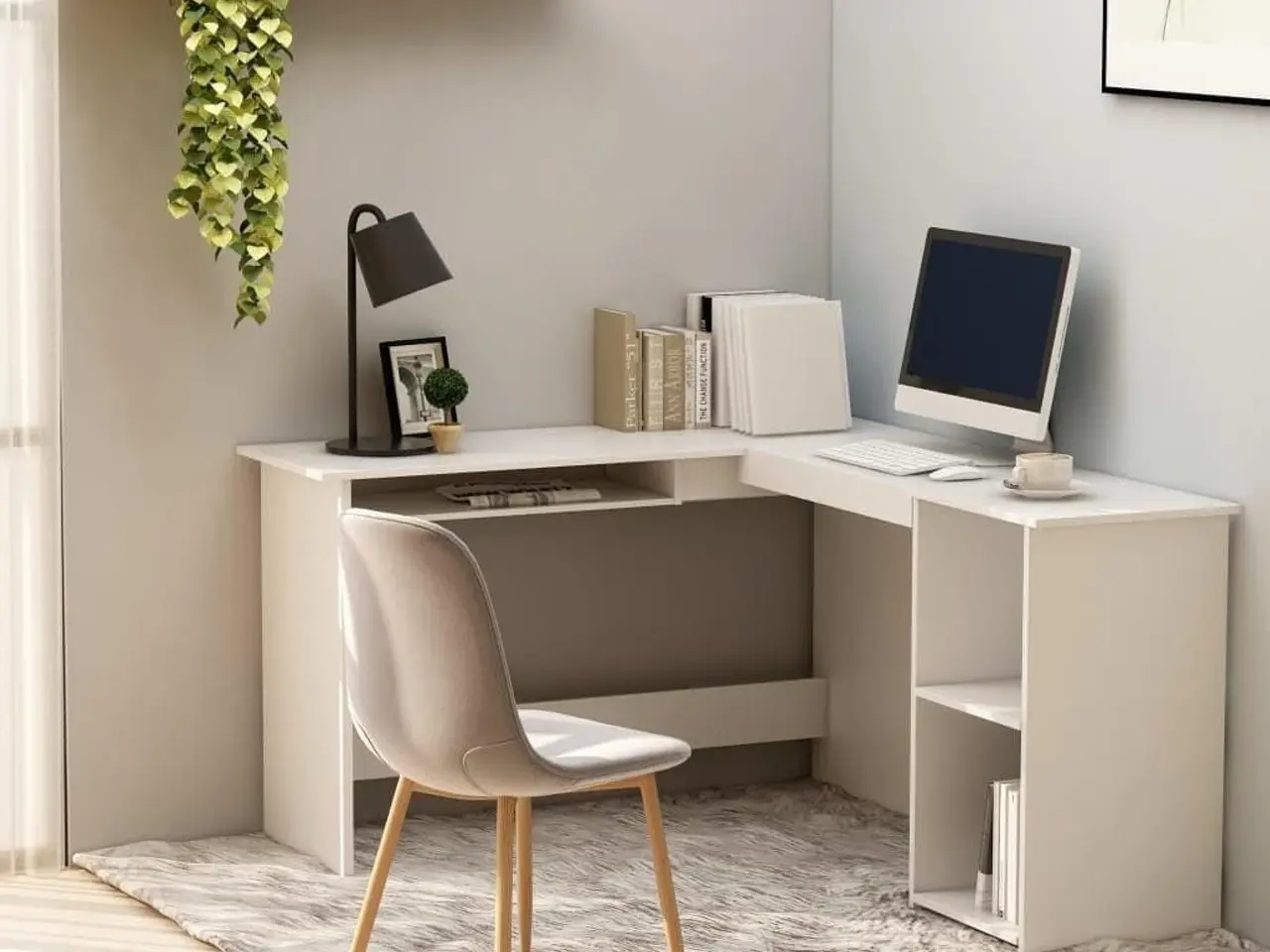 Billede 1 - L-formet skrivebord med tastaturbakke 120 x 140 x 75 cm - hvid
