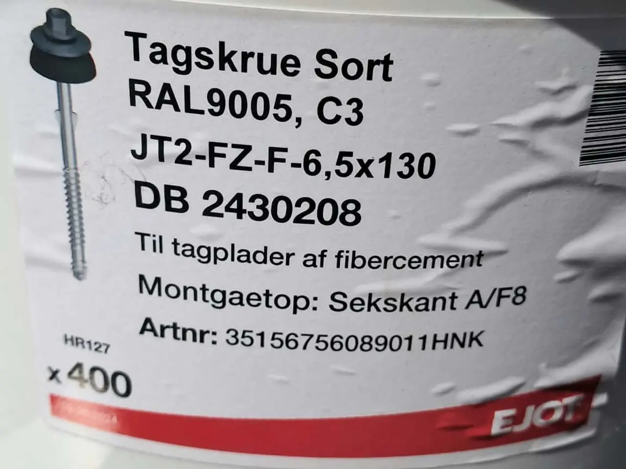 Billede 1 - 400 stk. nye JT2-FZ-F sorte tagskruer -6,5 x 130mm