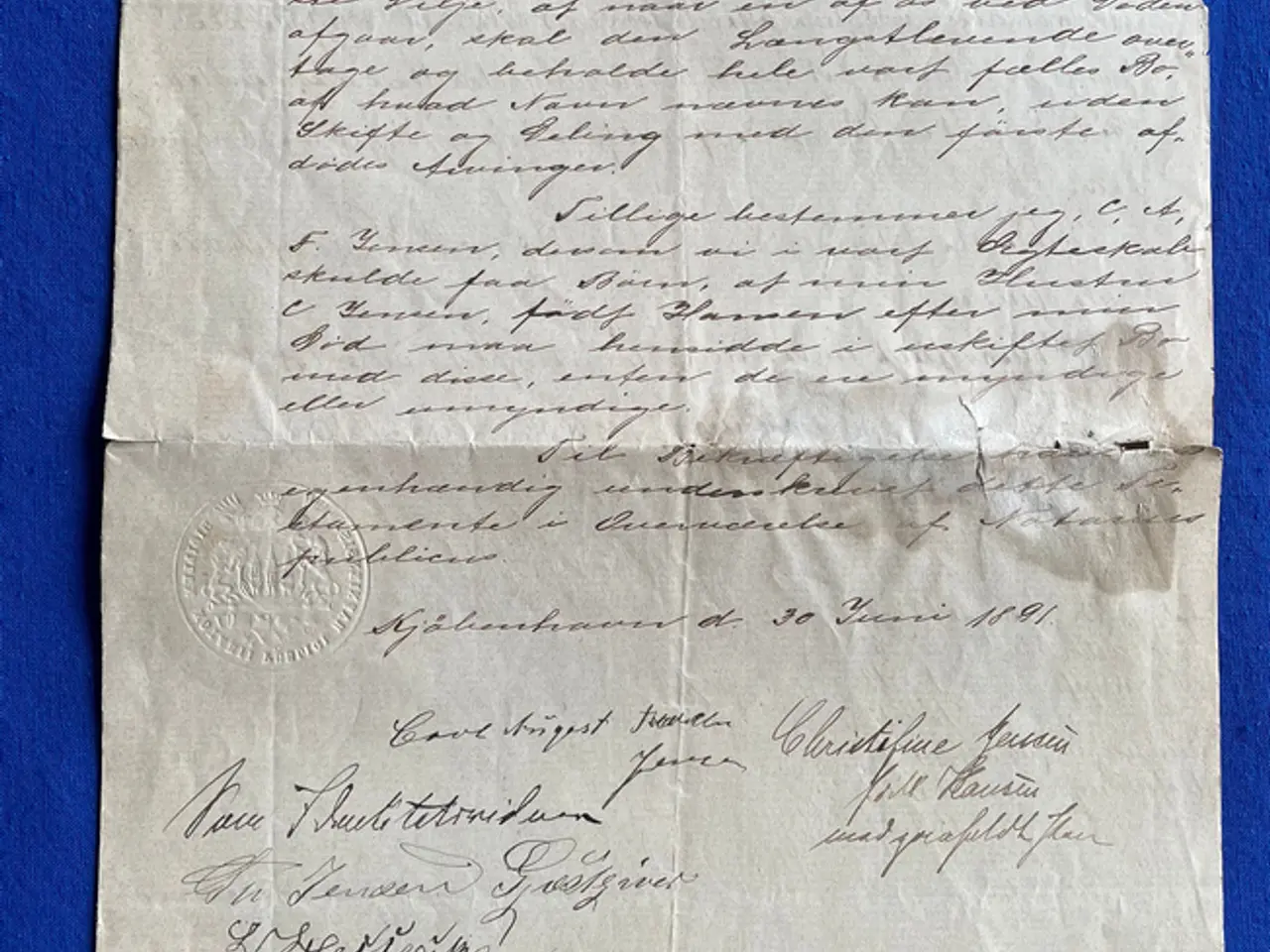 Billede 1 - Testamente - Kjøbenhavn 30 Juni 1891 - Christifine og Carl August Jensen