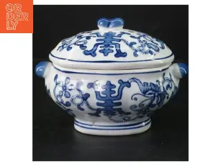 Blå og hvid porcelænssuppekop med låg (str. 18 x 12 cm)