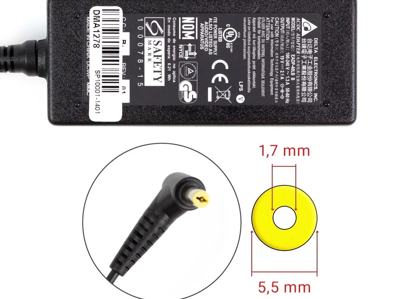 Billede 1 - Acer 40W 19V 2.15A strømforsyning med 5.5mm x 1.7mm stik - Original