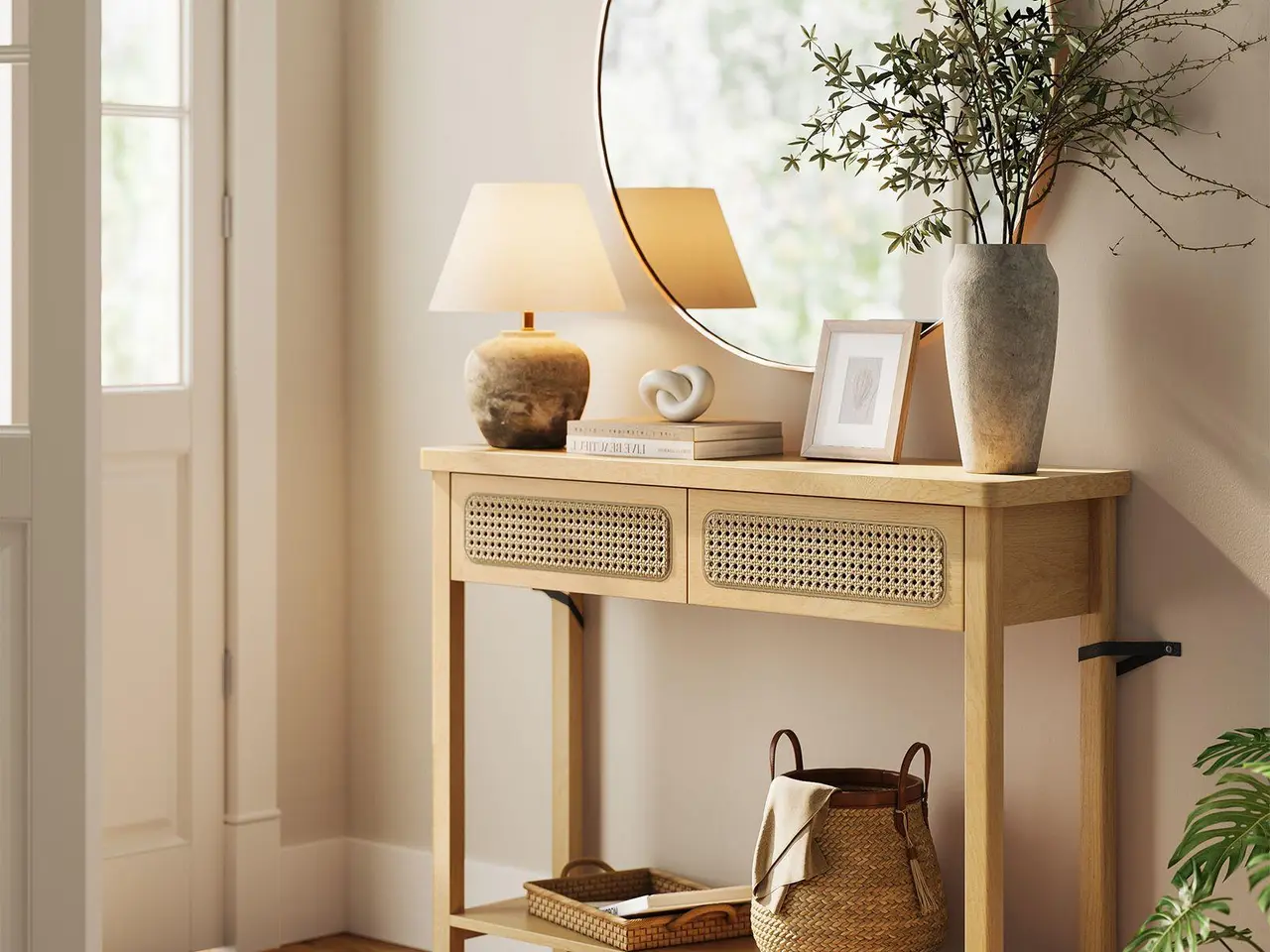 Billede 2 - Konsolbord med 2 skuffer og hylde - boho stil, egetræsbeige (100 × 30 × 80 cm)