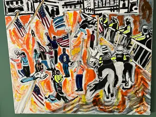 Akrylmaleri 50x50. Amerika i flammer.