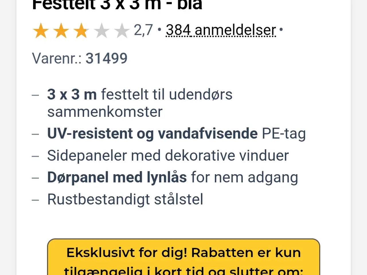 Billede 2 - Pavillon telt 3×3 m helt nyt