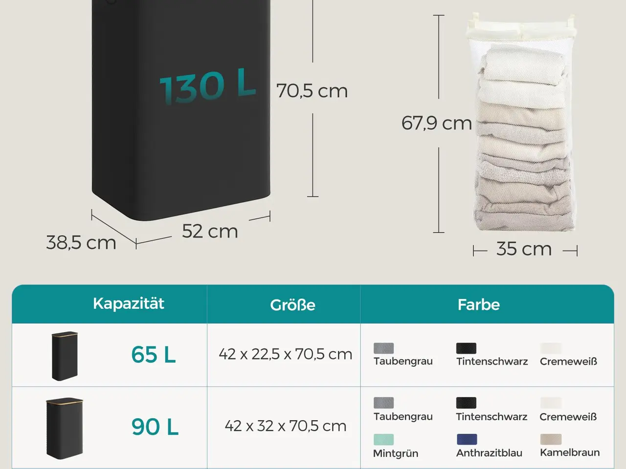 Billede 6 - Vasketøjskurv med låg - 2 rum, 130 l, aftagelig netpose, foldbar, 52 × 38,5 × 70,5 cm - blæksort