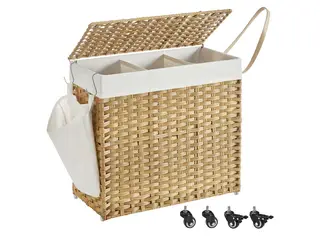 Vasketøjskurv med låg 140 l, rattan-look, 3 rum, aftagelig inderpose, hjul og håndtag, natur, 66 × 33 × 60 cm