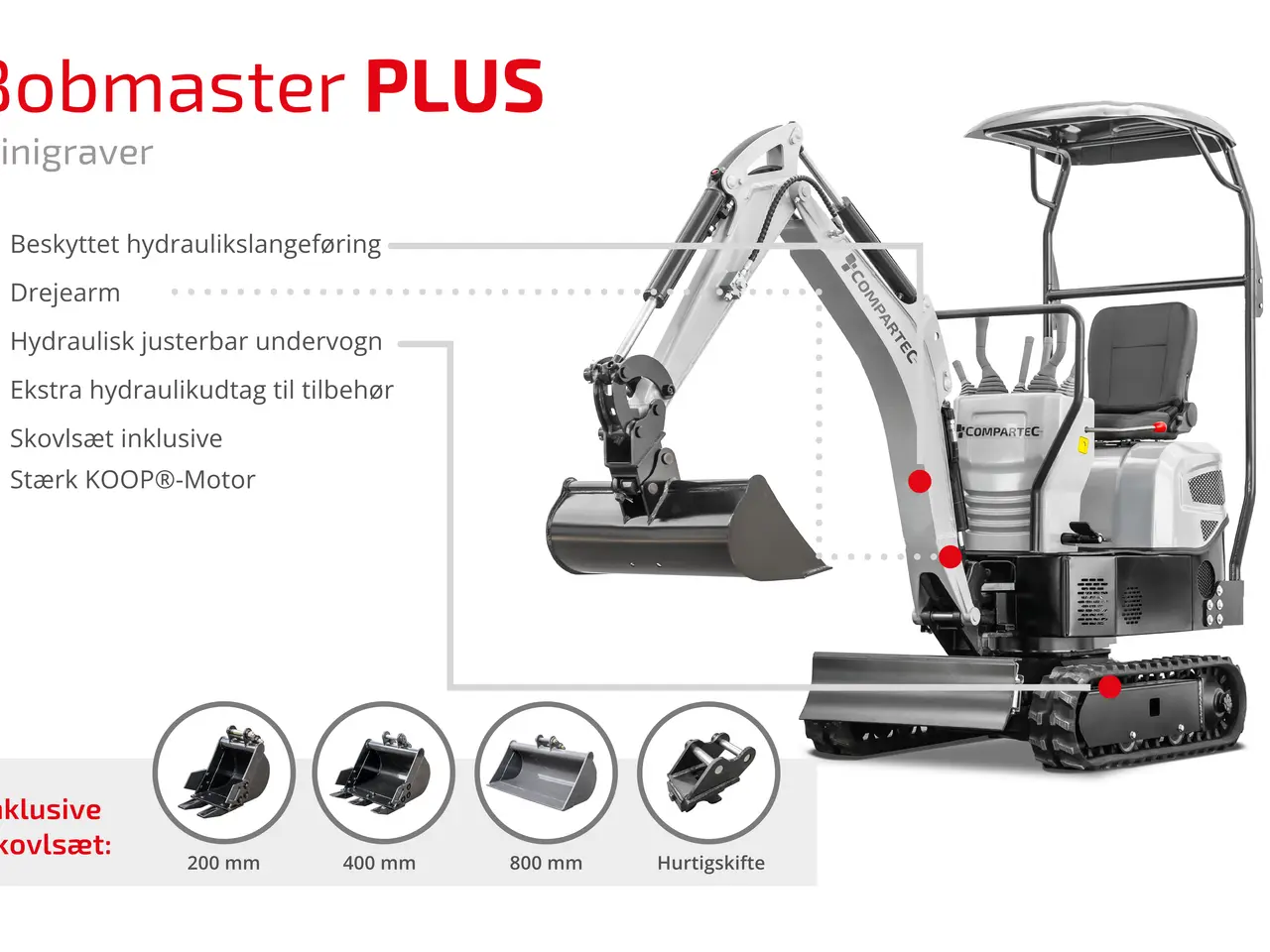 Billede 3 - Bobmaster Plus diesel minigraver - 970 kg med drejearm og justerbar undervogn, inkl. skovlsæt