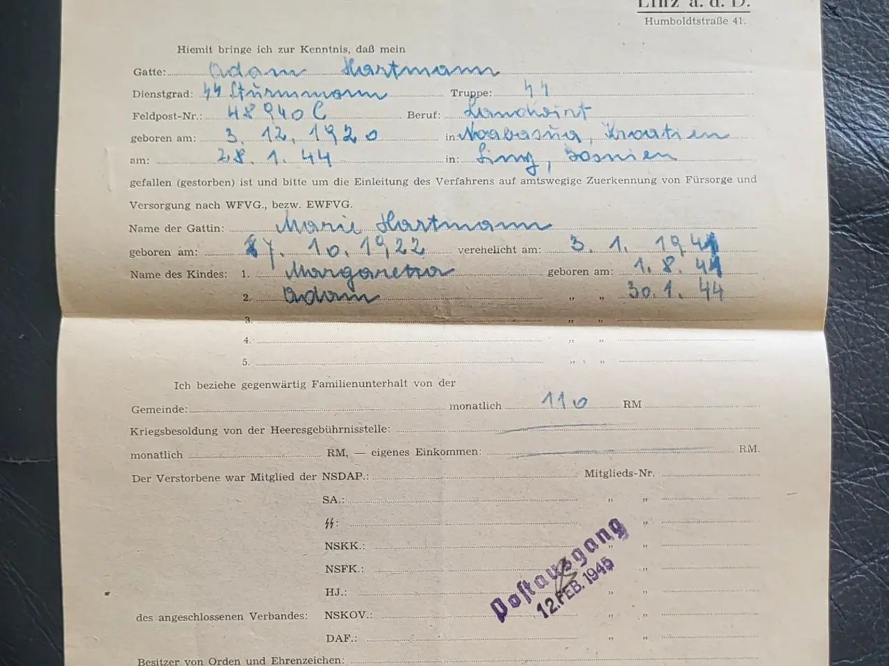 Billede 1 - WW2 - Original tysk ansøgning om enkepension