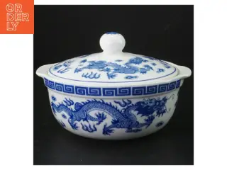 Orientalsk Blå og hvid porcelæns skål med låg (str. 17 cm)