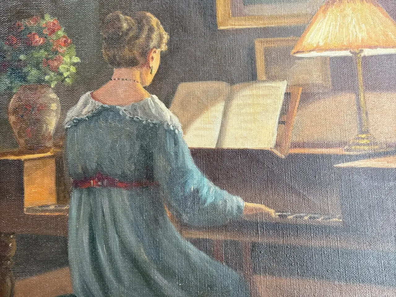 Billede 1 - Aage Jessen oliemalerie – Kvinde ved klaver (1943)