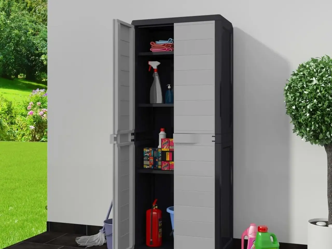 Billede 2 - Haveopbevaringsskab med 3 justerbare hylder - sort/grå, 65×38×171 cm