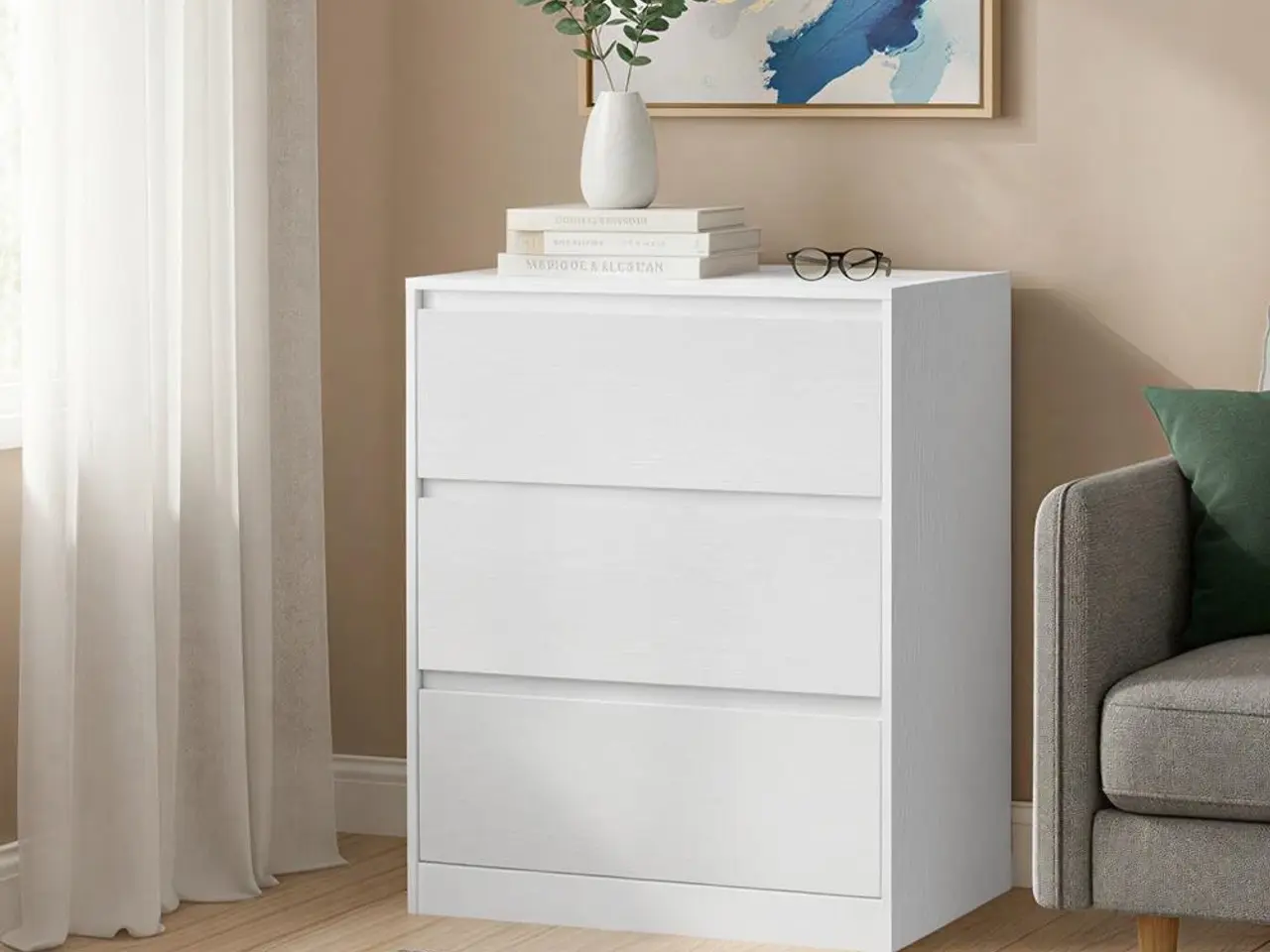 Billede 5 - Kommode med 3 skuffer - moderne, snehvid, 40 × 60 × 75 cm (KAILYN)