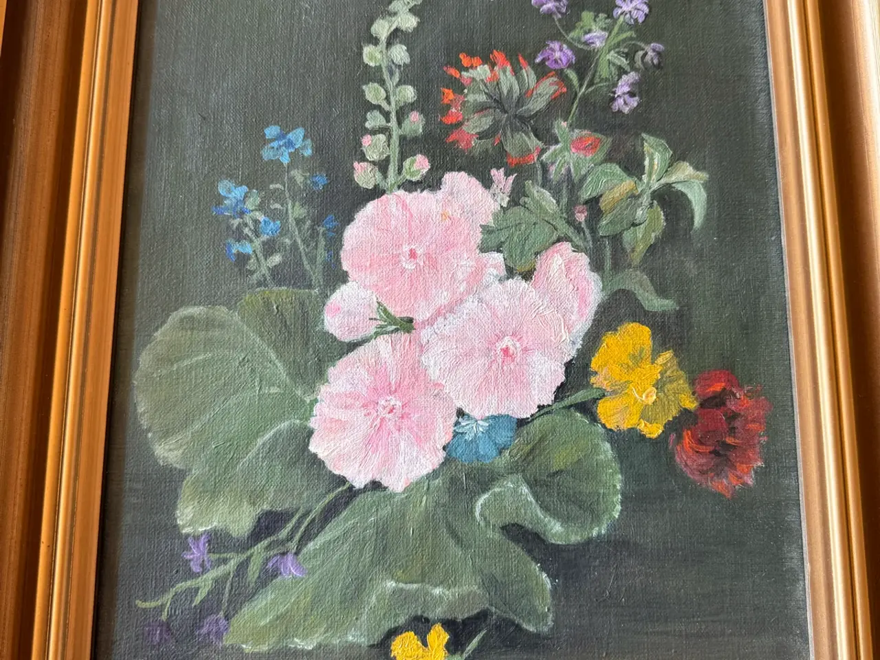 Billede 2 - Blomstermaleri i ramme – olie på lærred