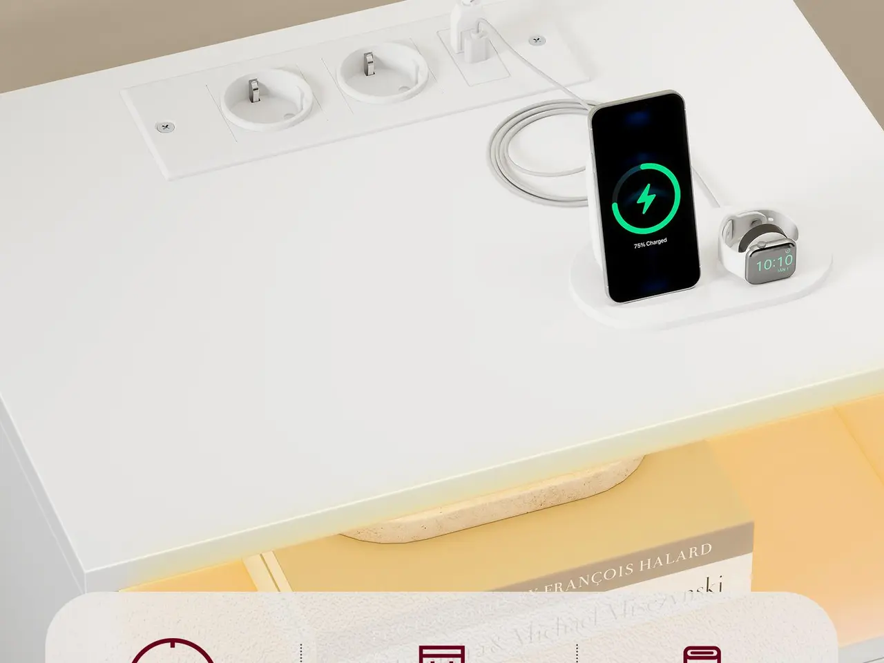 Billede 3 - Sengebord med ladestation og LED-lys, 2 skuffer - hvid
