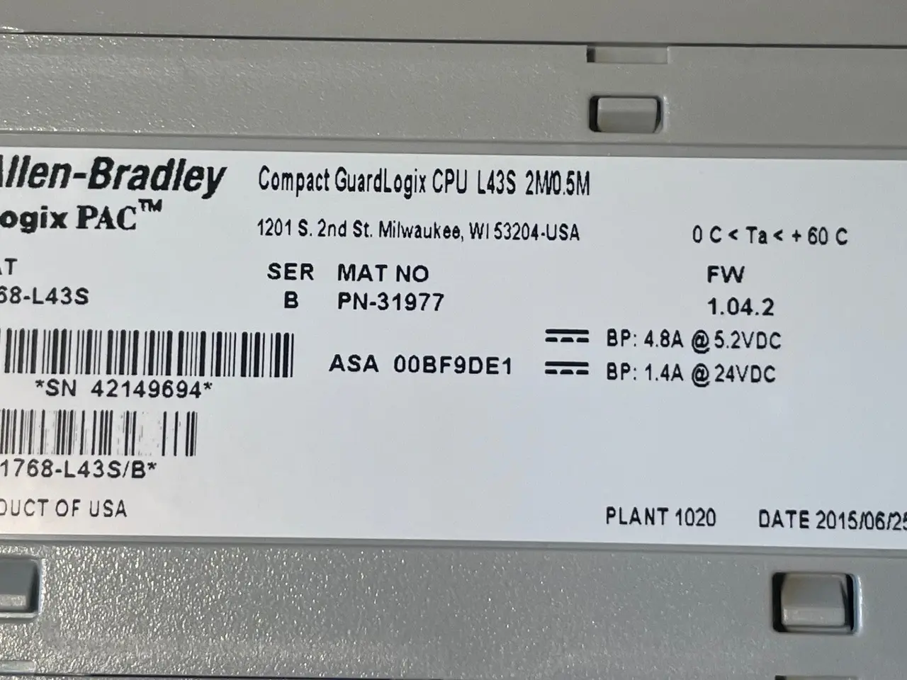 Billede 3 - Allen-Bradley 1768-L43S Compact GuardLogix L43S –