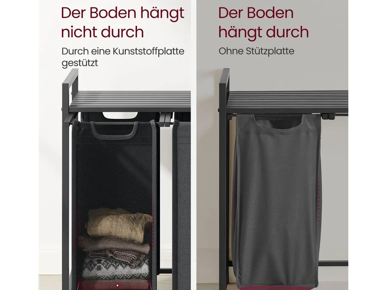 Billede 6 - Vasketøjskurv med 3 rum udtrækkelige poser, hylde, metalstel, 3 x 38 l, 92,5 × 33 × 72 cm, sort/grå
