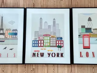 Paris, New York og London-plakater inkl. ramme