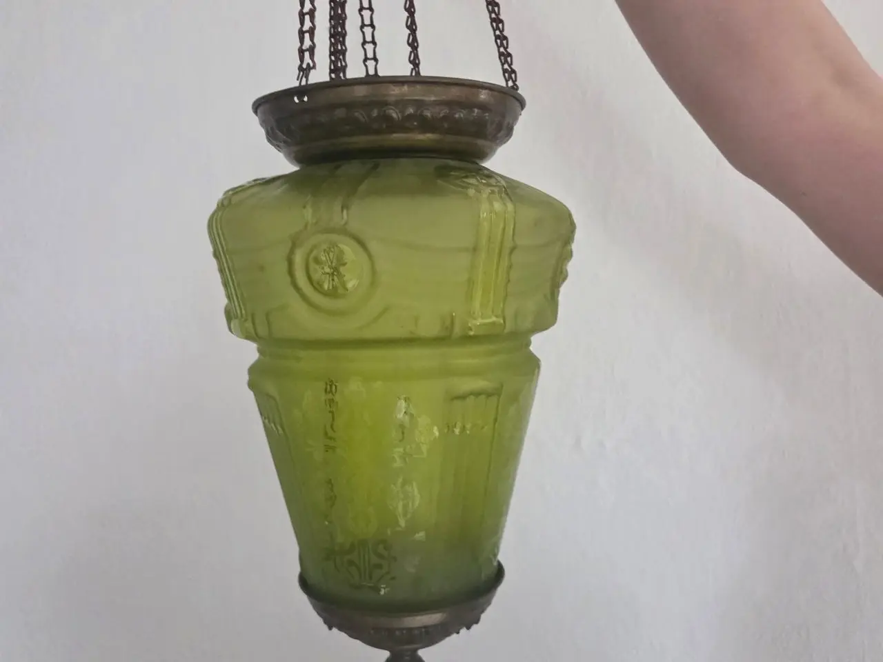 Billede 2 - Smuk Grøn Ampel fra Fyns Glasværk 1903 Åben for bu