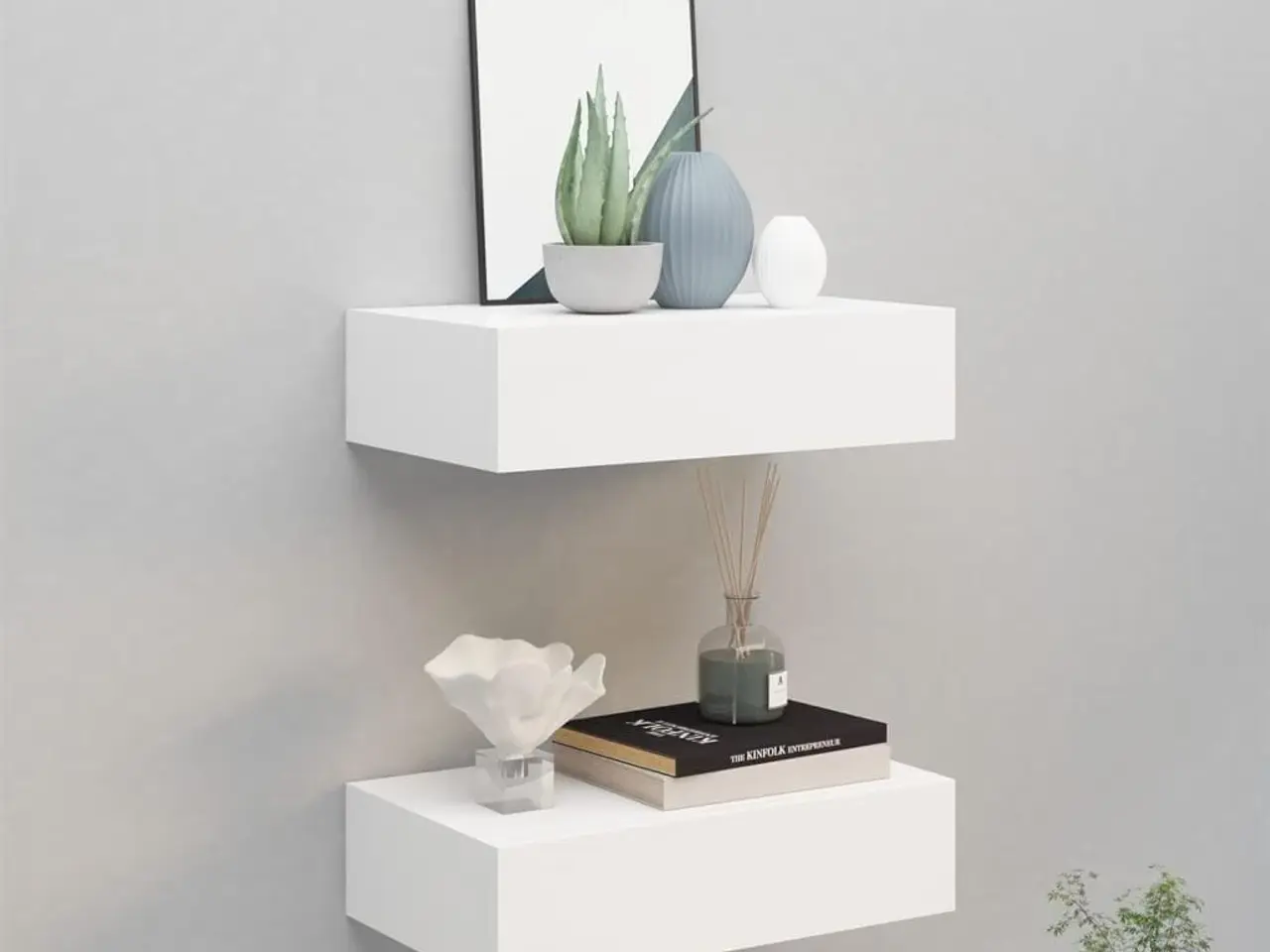Billede 1 - Væghylder med skuffer - 2 stk. 40×23,5×10 cm i hvid MDF