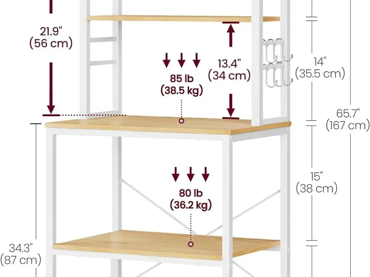 Billede 4 - Køkkenreol med 6 hylder og 6 kroge kaffe- og mikrobølgeovnstation, stålramme, justerbar hylde, 40 × 60 × 167 cm, eg/hvid (KKS024W09)