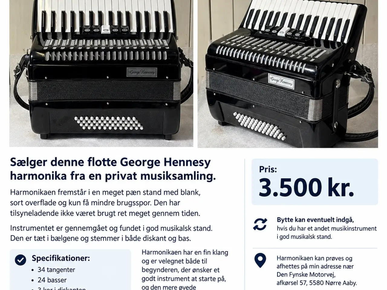 Billede 1 - George Hennesy harmonika – flot sort model