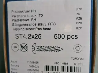 Pladeskruer 4.2x25 mm 500 stk torx 20 nye
