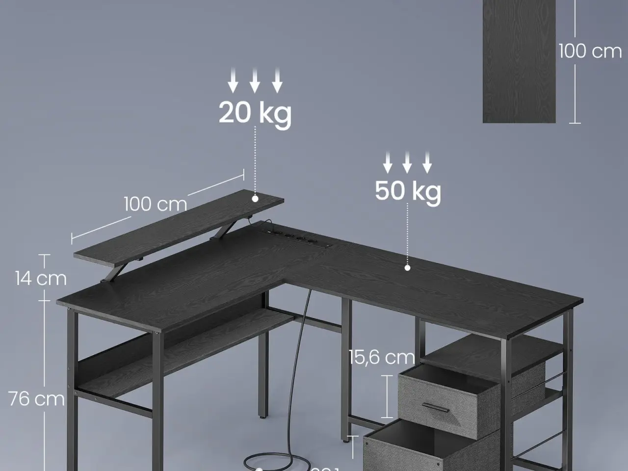 Billede 6 - L-formet skrivebord med LED, stikkontakter og 2 skuffer - sort