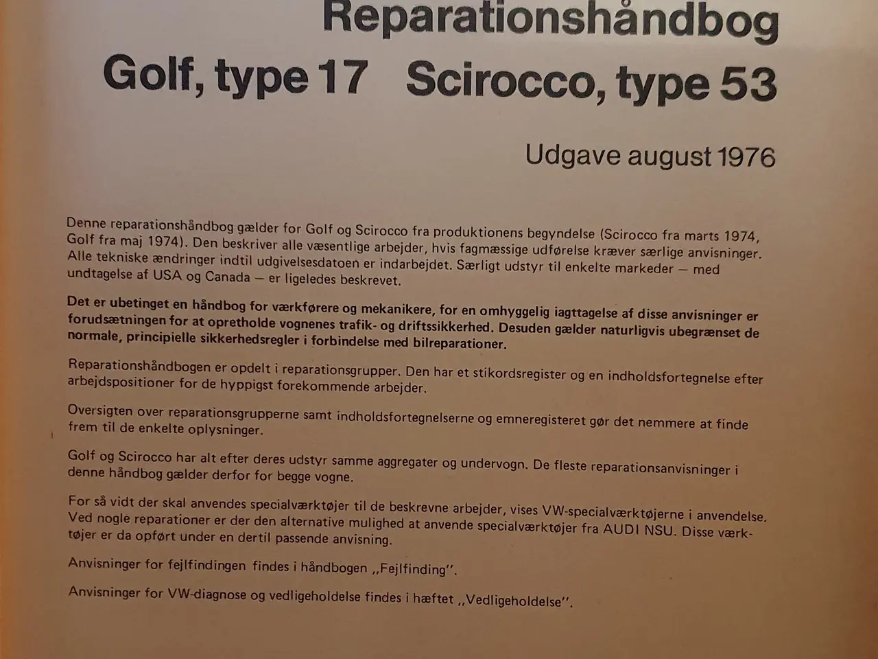 Billede 2 - VW Scirocco og Golf - Original dansk VAG rep.bog