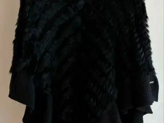 Créton poncho med hætte i kaninpels, str. L // XL