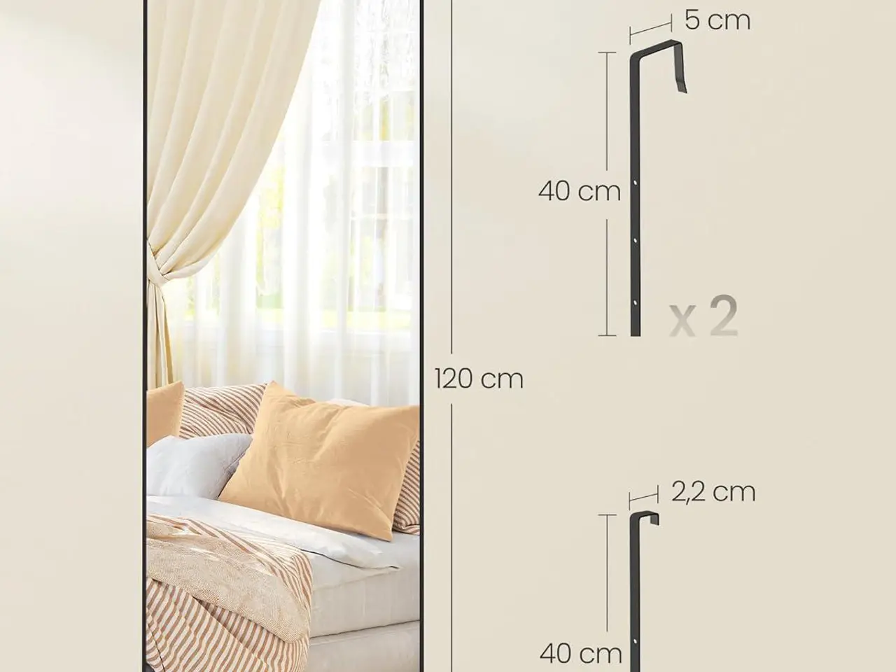 Billede 6 - Heltkropsspejl 120 x 40 cm til væg eller dør LFM032B01 - blæksort