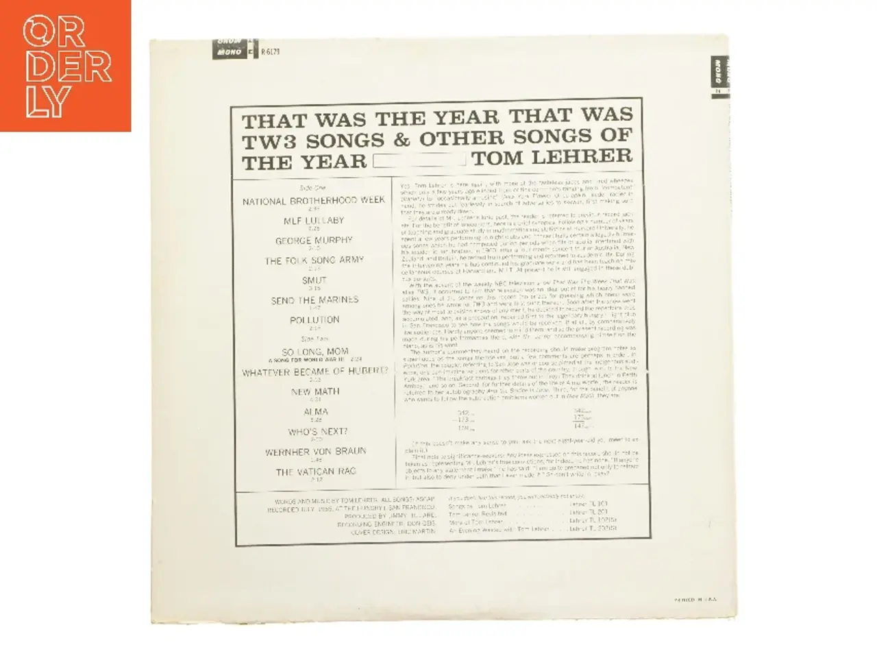 Billede 2 - Tom Lehrer - That Was the Year That Was LP