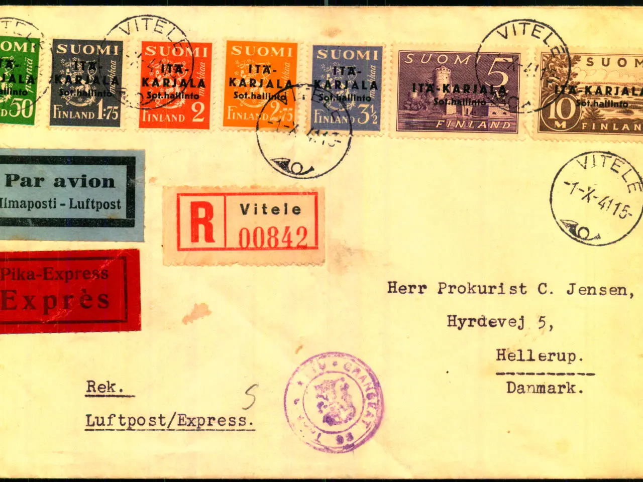 Billede 1 - Luftpost Expres Rekommanderet Brev fra Østkarelen til Danmark - 1 - 10 - 1941 - Censureret Danmark